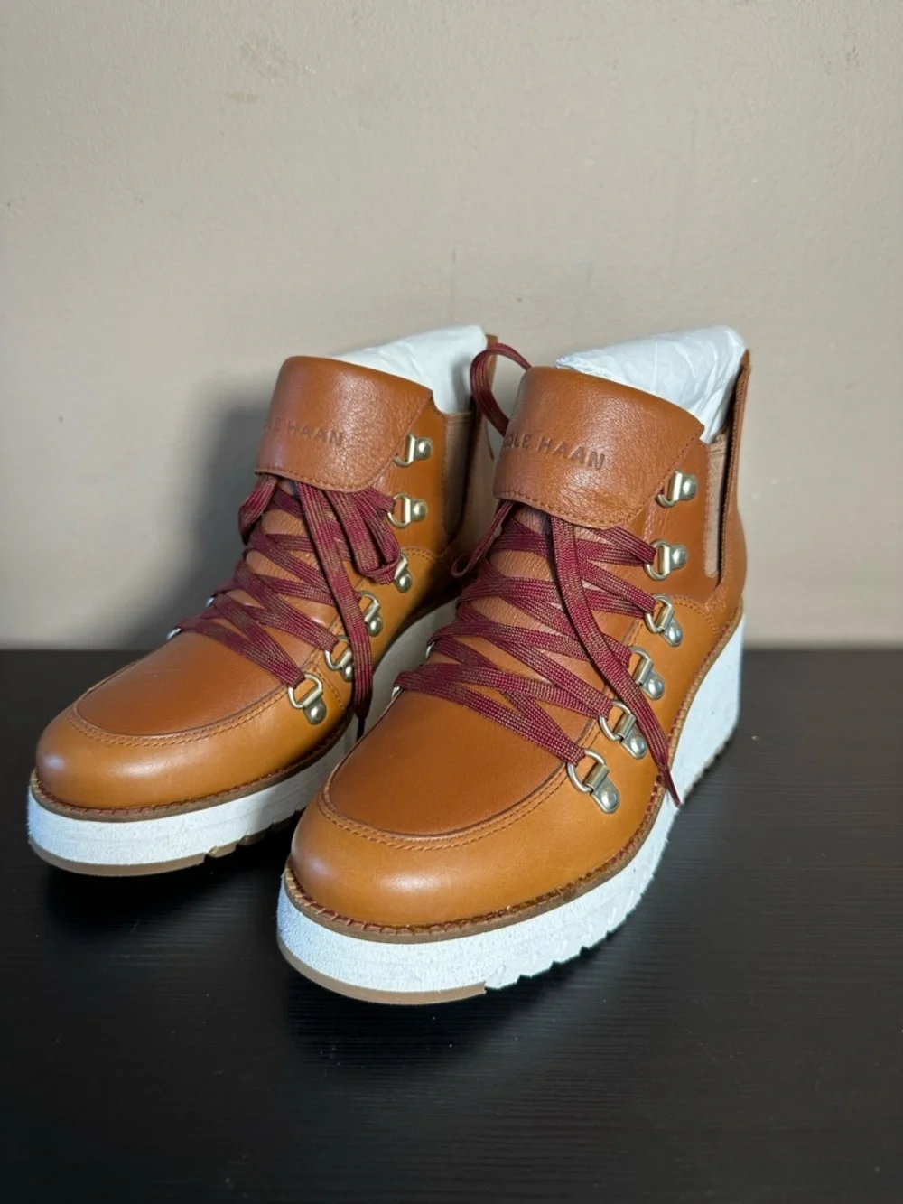 Cole Haan Cognac Leather Wedge Hiker Boots with Burgundy Laces Women’s US 5.5 - Picture 1 of 9